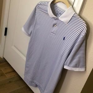 Blue and White stripe golf performance polo shirt
